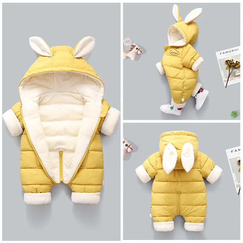 Winter Neue Baby Strampler Jungen Mädchen Patchwork Dicke Plus Samt Overalls Winddicht Mit Kapuze Overalls Schneeanzug Ein Stück Body