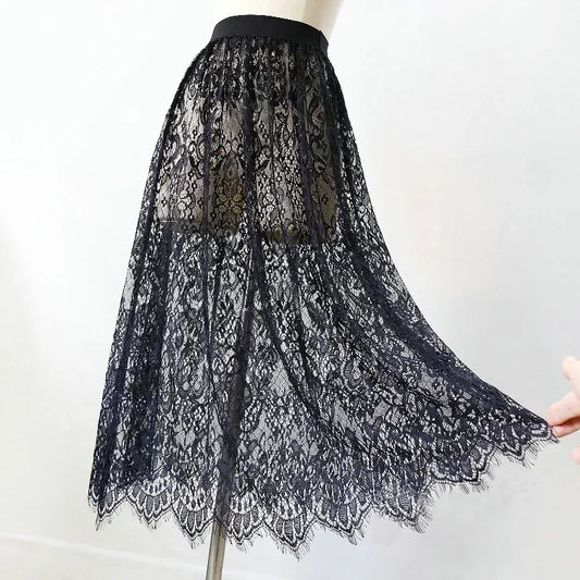 2 Length Elegant Black Skirt White Lace Transparent Long Tulle Skirt Ladies Elastic High Waist Beach Midi Skirt Drop shipping.