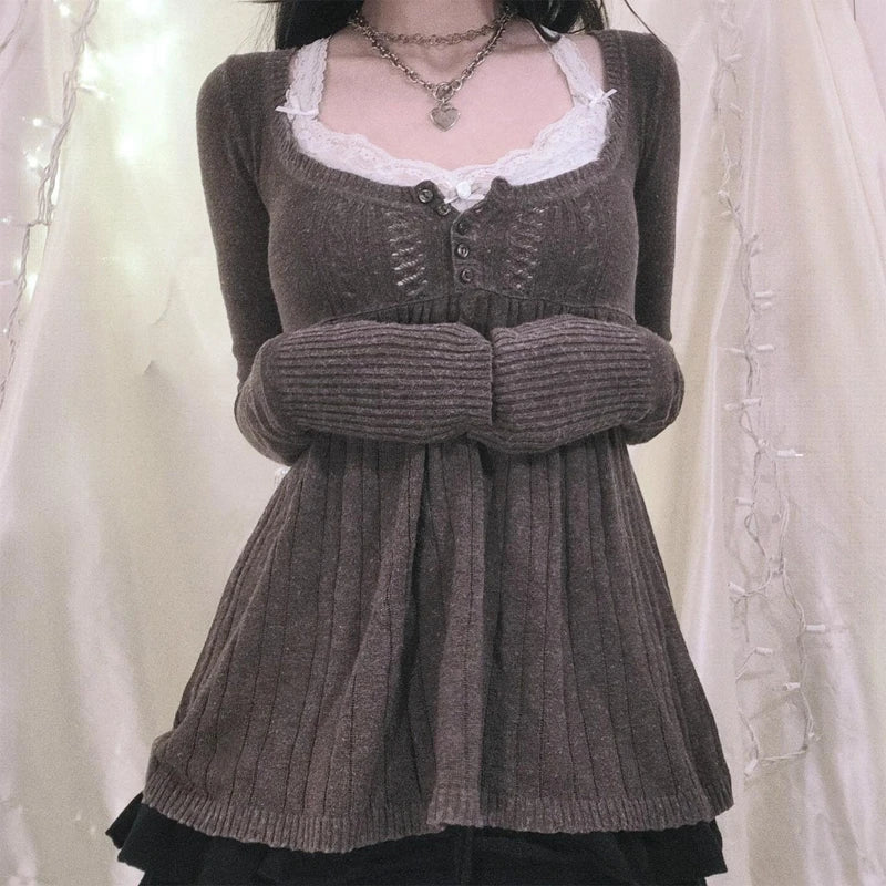 2000er Jahre Vintage Langarm Babydoll Strickpullover Tops Cottage Milkmaid Pullover Ästhetische Grunge Y2k Strickwaren T-Shirts Damen