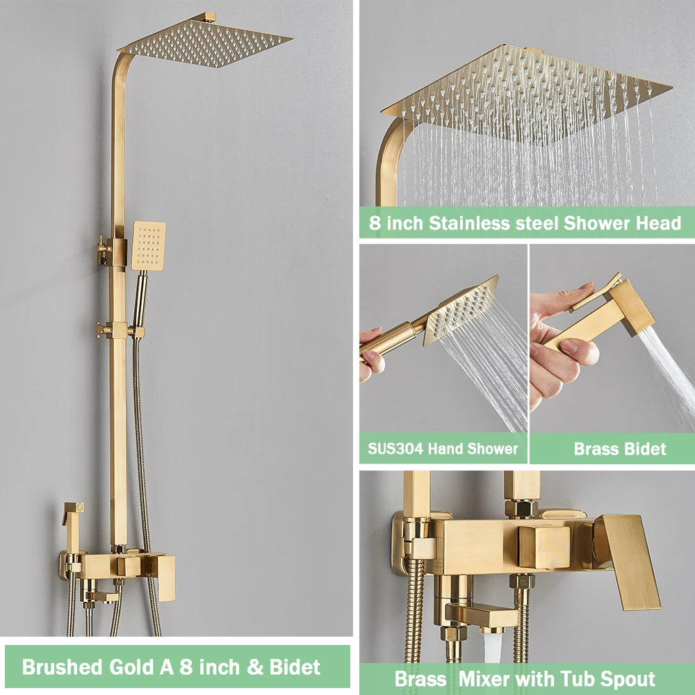 Rainfall Bathroom Shower Faucet Kit With Bidet Wall Mounted Stainless Steel Hot Cold Water Mixer Tap System With Rack,Tub Spout