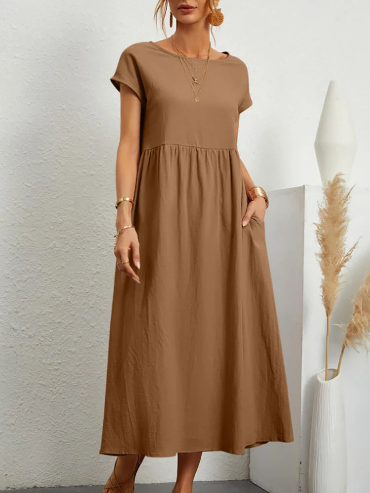 Vintage Solide Midi Kleid Casual Kurzarm Baumwolle und Leinen Harajuku Übergroßen Langes Kleid Frauen Sommer Y2K Maxi Sommerkleid 2023