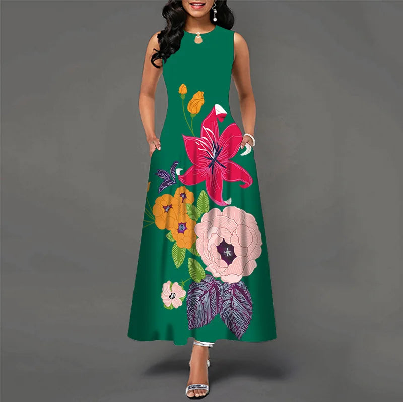 Blumendruck Neues lässiges ärmelloses langes Kleid Damen V-Ausschnitt bedrucktes Kleid Swing Bohemian Retro Kleider