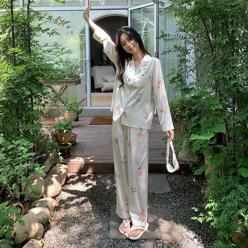 2023 frühling Herbst Neue Eis Seide 2 Stück Pyjamas für Frauen Mode Strickjacke frauen Pyjamas Süße Druck Loungewear Frauen set