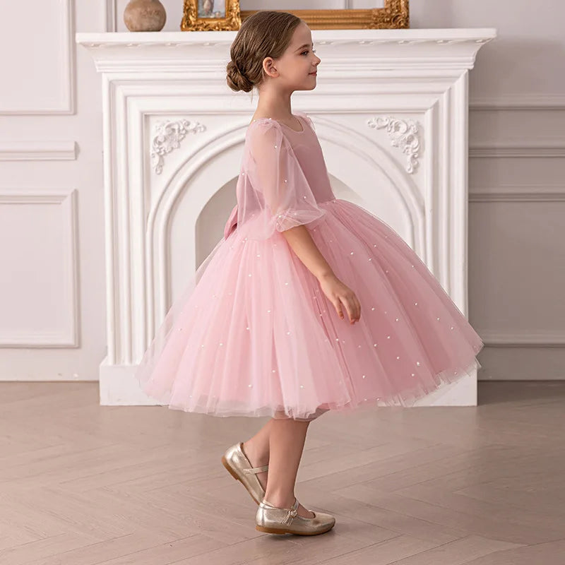 Kinder Kleider V-Rücken Große Schleife Perlen Prinzessin Kleid Geburtstag Party Tüll Kleid Für Mädchen Leistung Hochzeit Prom Flauschigen kleid