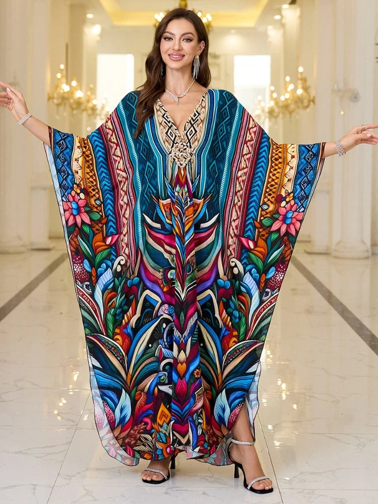 Kaftan-Kleider für Damen, Wellenhals-Badeanzug, Überwurf, Kaftan-Kleid, Übergröße, übergroßes langes Strandkleid