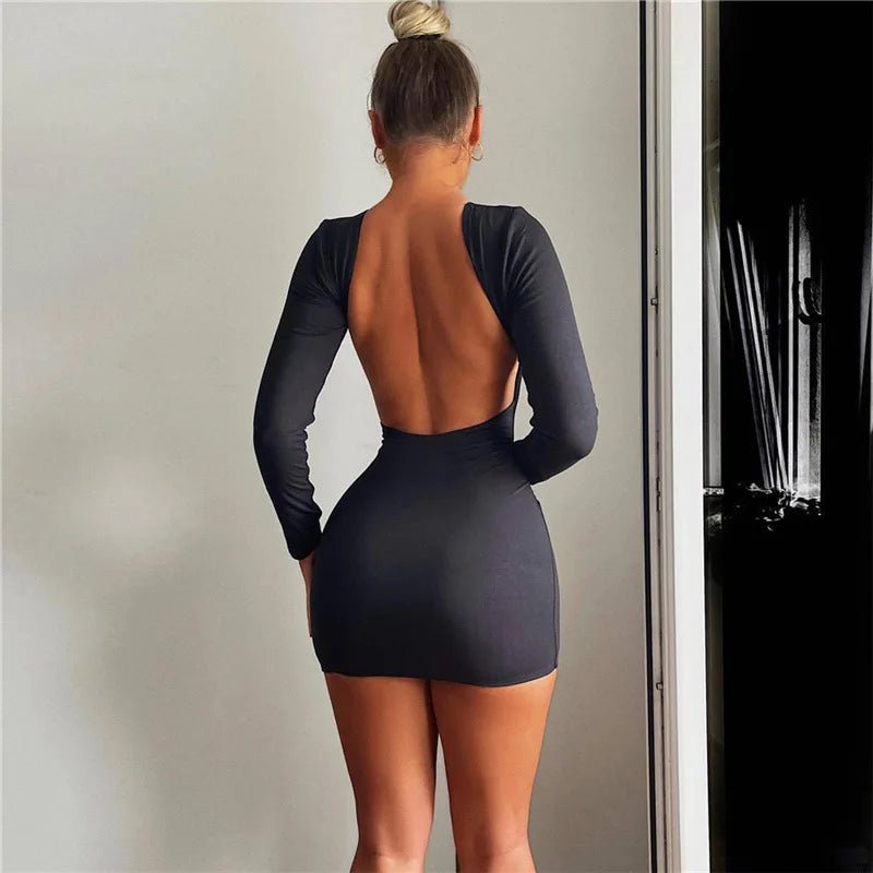 Zahlung Casual Mini Kleid Frauen Prägnante Klassische Backless Volle Hülse O-ansatz Grundlegende Weibliche Bodycon Straße Kleidung