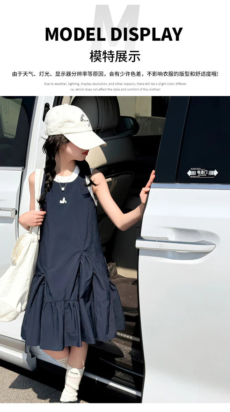 Neues Sommer-Mädchen-Prinzessinnenkleid für Kinder, ärmelloses Kleid mit Rüschen, Design-Kleider für Teenager, Kinder, lässiges Urlaubs-Strandkleid