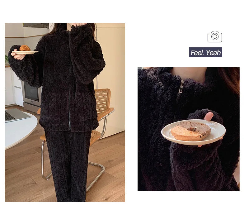 Große Größe Flanell Pyjama Set Herbst Winter Weibliche Nachtwäsche Hosen Anzug Verdicken Korallen Fleece Hohe Kragen Lounge Tragen Homewear