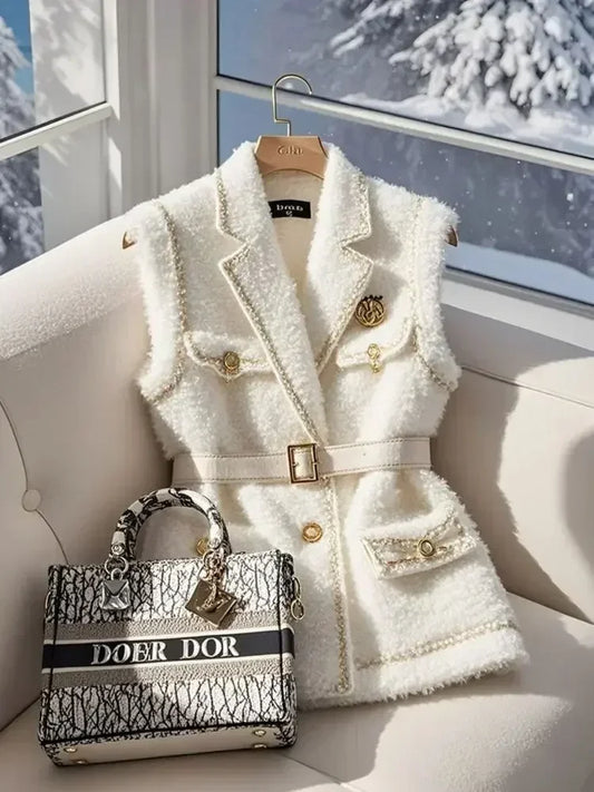 Frankreich Elegante Taille Gürtel Weiß Lamm Wolle Jacke Ärmellose Blazer Frauen Weste Formale Büro Dame Koreanische Mode Oberbekleidung.