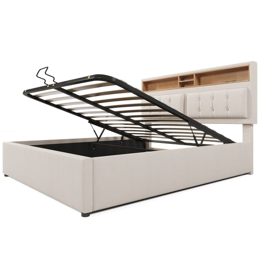 KOMHTOM Polsterbett Doppelbett Jugendbett Leinen - USB C Steckdose Ladefunktion im Kopfteil, Stauraumbett, ohne Matratze