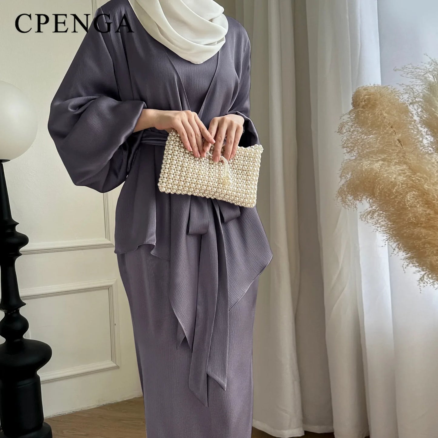 2-teiliges Saudi-Arabien muslimisches Damen-Abaya-Kleid aus Satin für Damen, Islam, Dubai, Urlaub, bescheidene Kleidung, 2024, elegante türkische Robe