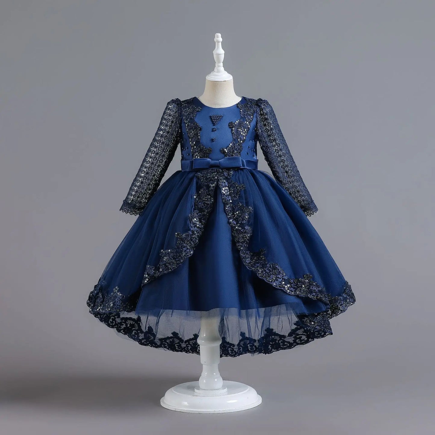 Party-Tüll-Kleider für Mädchen, langärmelig, Spitze, Perlen, nachgestelltes Prinzessinnenkleid für Kinder, Hochzeit, Geburtstag, Performance, Abendkleid