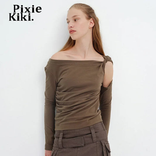 PixieKiki Twisted Hollow Out Off Shoulder Long Sleeve Tops 2000s Clothes Y2k Asymmetrical T Shirts for Woman P85-BE15.