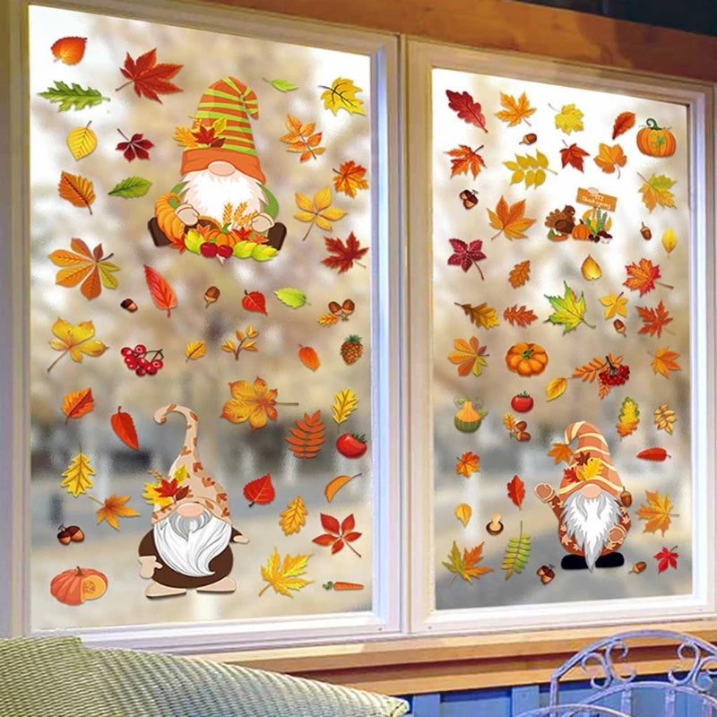 6 Sheets Autumn Thanksgiving Gnomes Window Clings Decal Fall Pumpkin Maple Leaf Electrostatic Stickers Wall Decor X3UC.