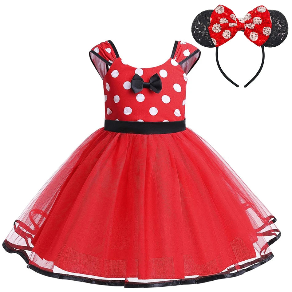 Disney Minnie Maus Polka Dot Kleid Mädchen Rosa Rot Sommer Kleidung Kinder Geburtstag Karneval Weihnachten Party Bogen Mesh Kleid Kostüme