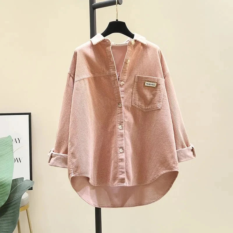 2023 frühling Herbst Cord Langarm-shirt für Frauen Koreanische Ausgabe Casual Mode Medium länge Shirts Weibliche Outwear Tops | H&D Shop
