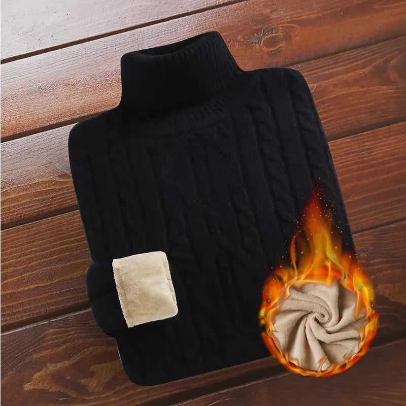 New Turtleneck Sweaters Men Autumn Winter Thick Knitted Sweaters Added Velvet Solid Color Casual Base Pullovers.