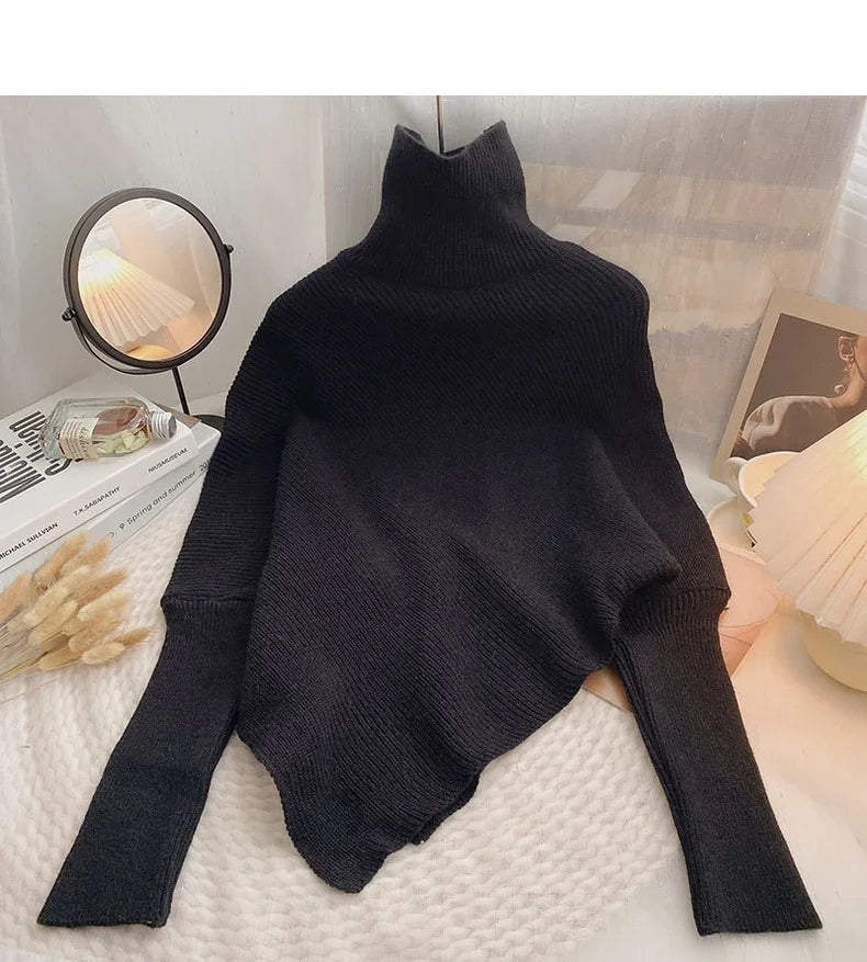 2025 Korea Herbst Winter Frauen Mode Unregelmäßigen Lose Stricken Pullover Vintage High Neck Langarm Weibliche Pullover Chic Tops