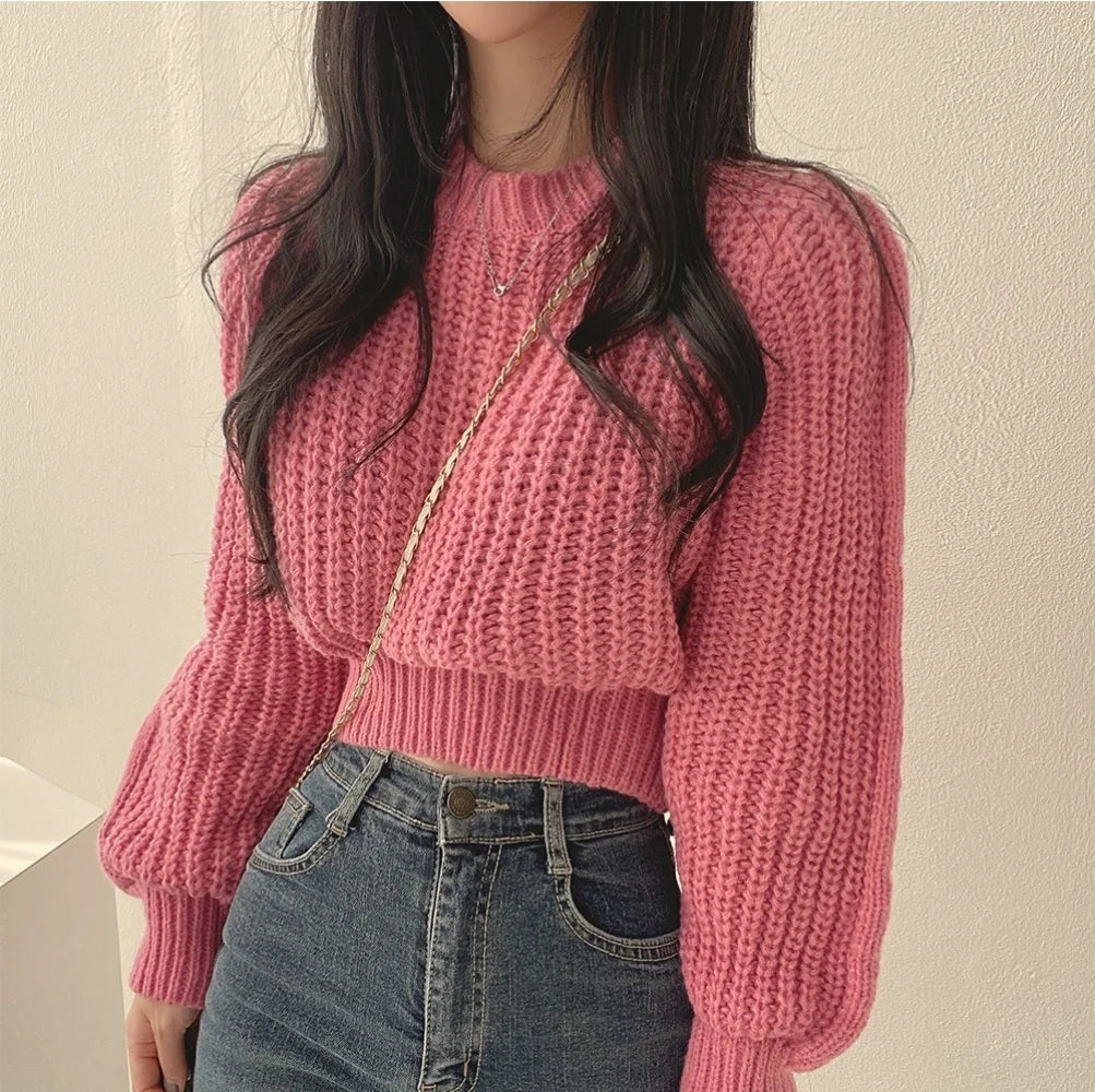Koreanische Lose Langarm Pullover Mode Frauen Harajuku Laterne Stricken Oansatz Solide Grund Jumper Herbst Winter Weiche Warme Pullover
