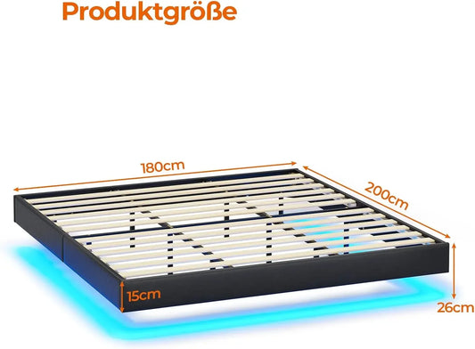 LED-beleuchtetes 180 x 200 cm großes Polsterbett mit Gestell, Gitterbettgestell, schwebender schwarzer Bettrahmen für Schlafzimmer