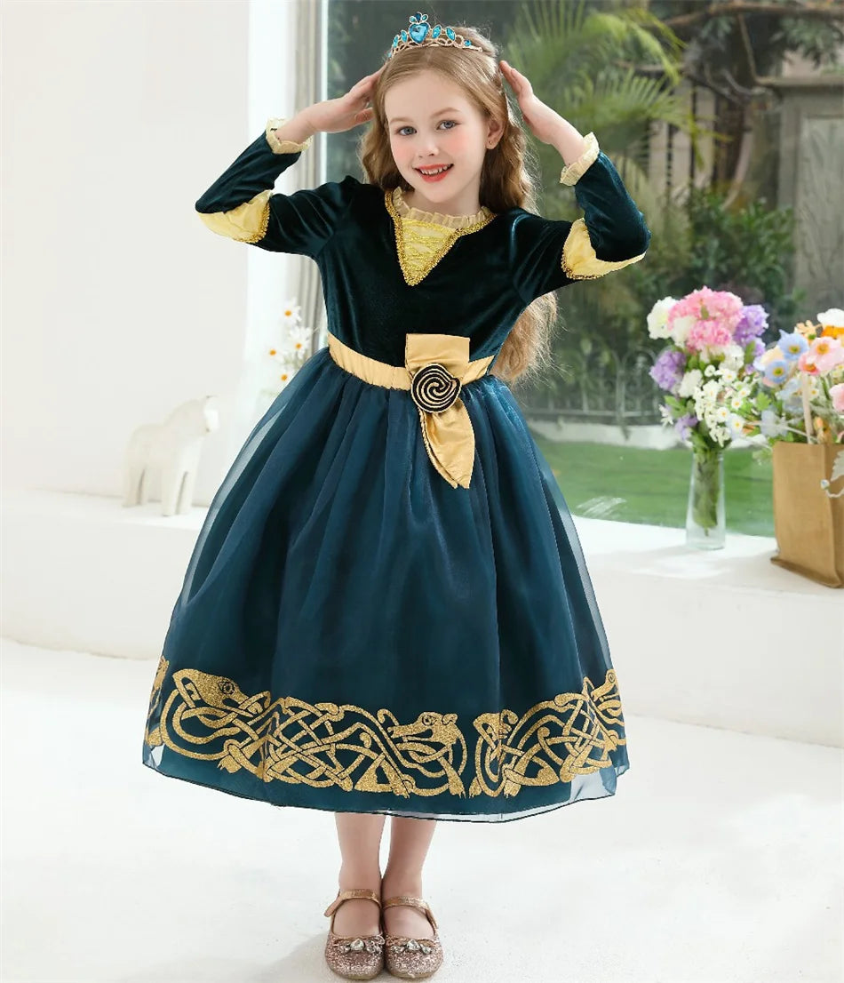 Girls Merida Cosplay Princess Dress Children Stage Performance Clothes Kids Halloween Carnival Party Long Sleeves Outfits