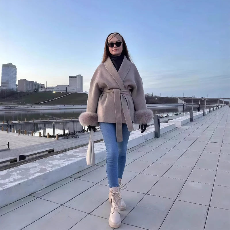 Frauen Mäntel Elegante Revers Plüsch Mit Gürtel Faux Pelz Hülse Tweed Offenen Mantel Weibliche 2025, Herbst Winter Mode Dame streetwear