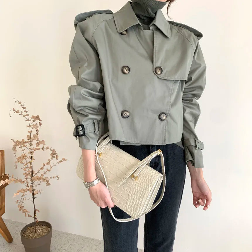 Vintage Zweireiher Graben Jacken Frauen Lose Chic Büro Dame Crop Tops Herbst Weibliche Mäntel Alle-spiel Lose Windjacke