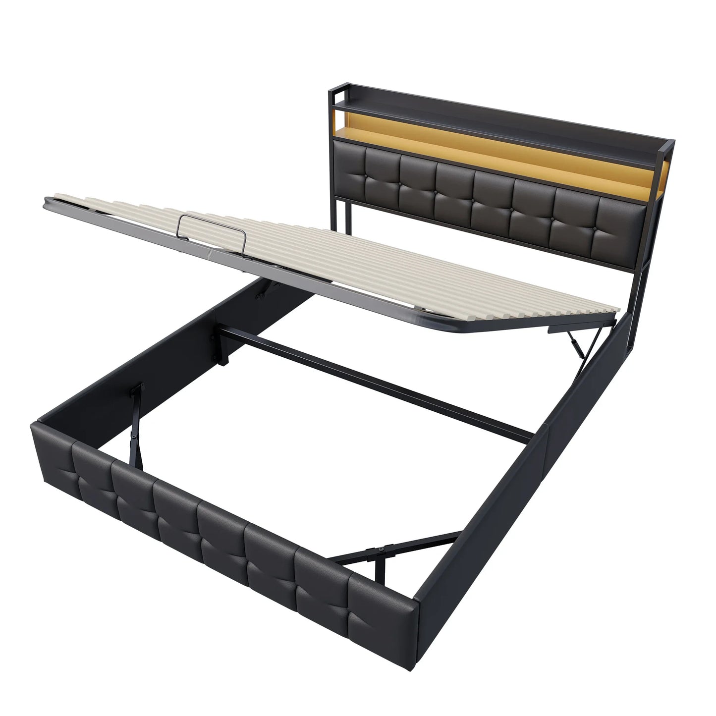 Rosahqnda Doppelbett 160 x 200 cm, mit Steckdose und LED, Kopfteil mit Stauraum und hydraulischem Stauraum, Schlafzimmer für Teenager, Leinen/PU