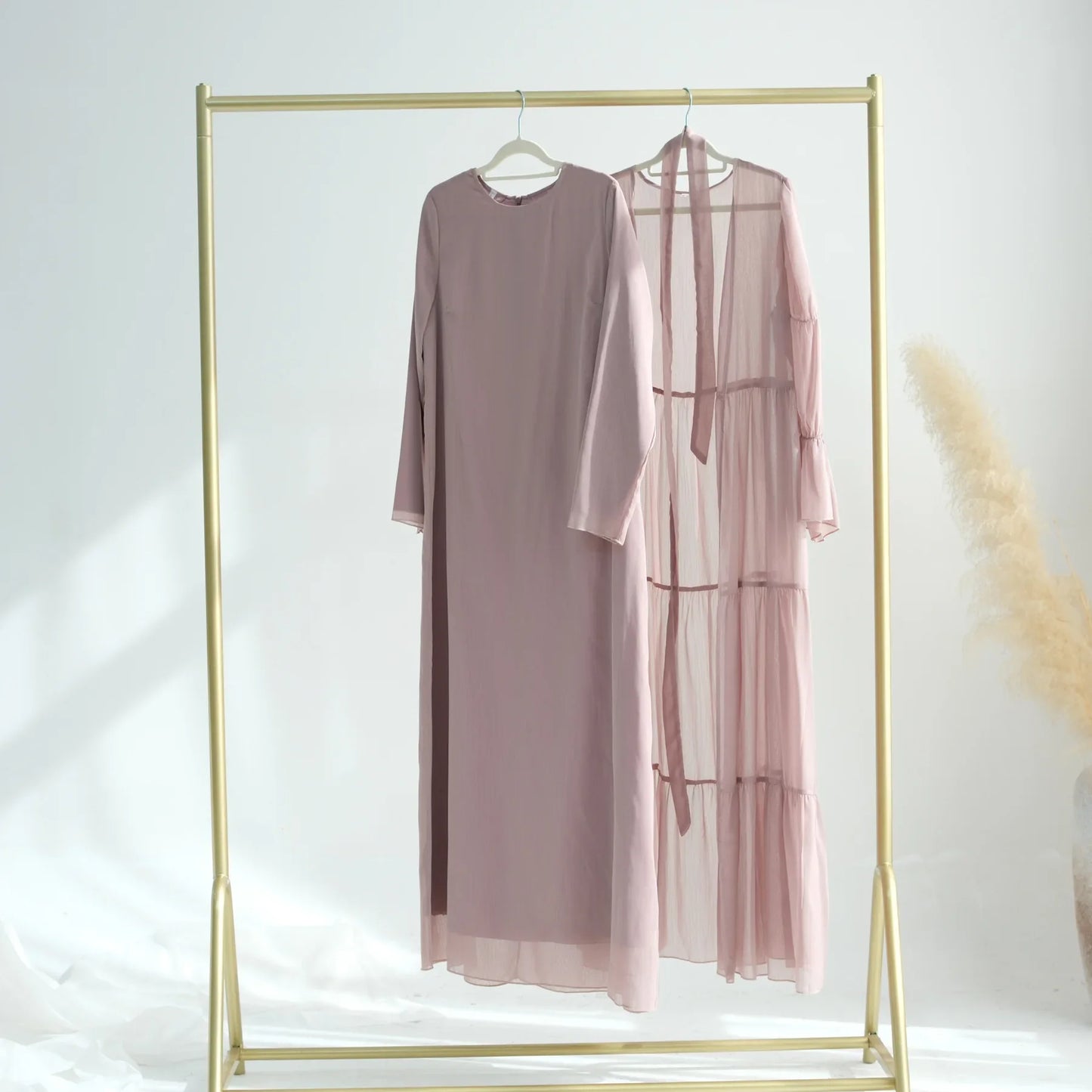 Chiffon Sheer Open Abaya Set Hijabi Muslim Women Party Ramadan Islamic Clothing Dubai Turkey Kaftan Crepe Kimono Open Abayas