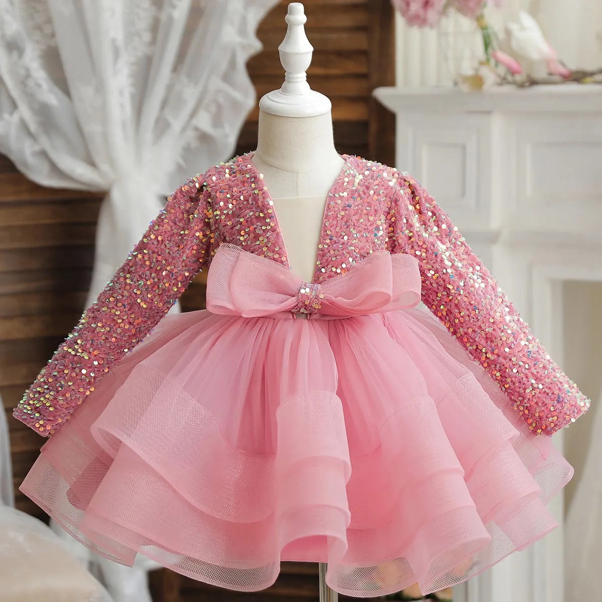 2024 Mädchenkleidung, Pailletten, High-End-Schleife, Puffrock, Kindergeburtstag, Bankett, Abendkleid, 3–10 Jahre alt, Ballettaufführung