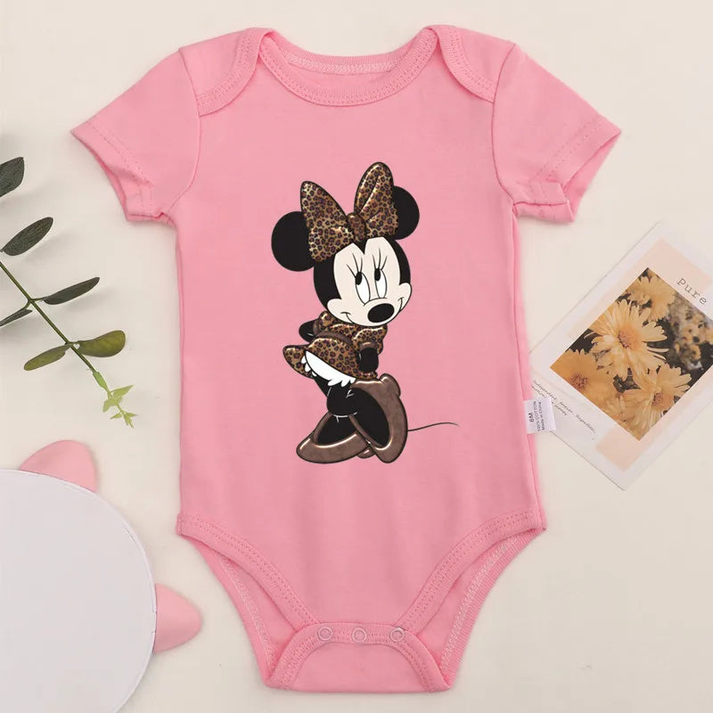Niedliche Leopard Minnie Maus Disney Newbron Bodys Baby Kleidung Sommer Kurzarm Baumwolle Minnie Kawaii Stram pler Overall
