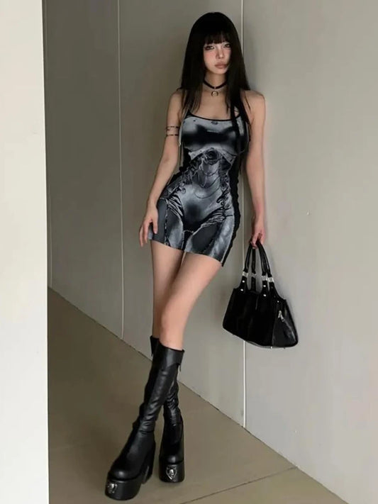 2025, ärmelloses Tankkleid für Damen, Punk-Robe, Vintage-Stil, Harajuku-Druck, Mini-Y2k, ästhetische Basic-Bleistiftkleider, Sommer-Grunge-Vestidos.