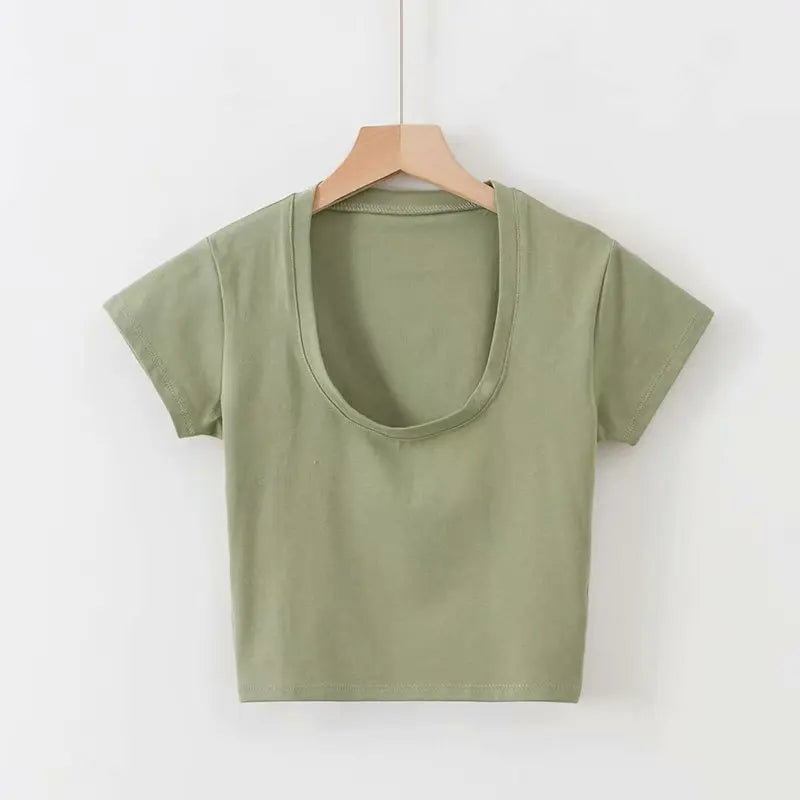 U-Ausschnitt Crop Top Einfarbig Frauen Casual Hohe Taille T Shirt Grundlegende Sexy Streetwear Kurzarm Abnehmen