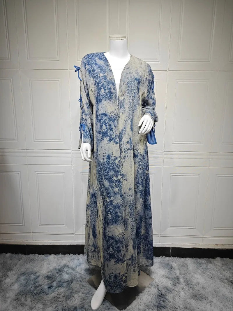 2025 sommer Arabisch Frauen Muslimische Kleidung Ramadan Dubai Offene Abaya Kleid mit Hijab Islam Gedruckt Chiffon 2 Stück Outfit