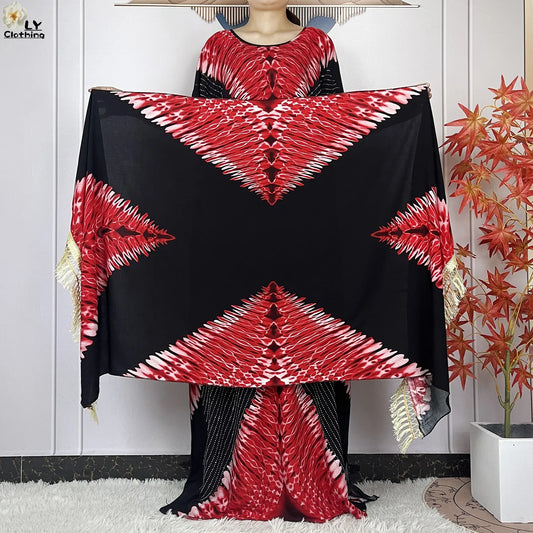 2024 New Muslim Women Dashiki Printed Dress Flower Diamonds Loose Dress With Big Scarf Islamic African Women Short Sleeve Abaya.