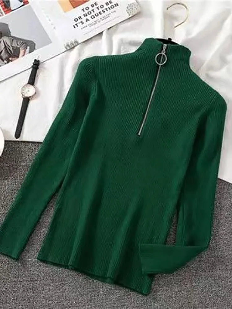 Frauen Fashion Solid Strick Pullover Vintage Langarm Zip-up Grundlegende Hälfte Rollkragenpullover Weibliche Pullover Chic Casual Tops