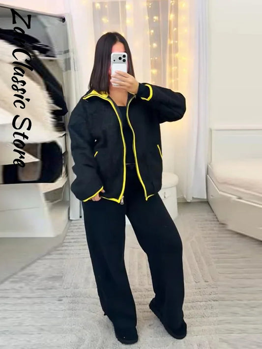 Lässige Kontrast-Fleecejacke für Damen, Stehkragen, Reißverschlusstaschen, volle Ärmel, weiblicher Mantel, 2025, Herbst-Winter-Dame, neu im Oberbekleidung