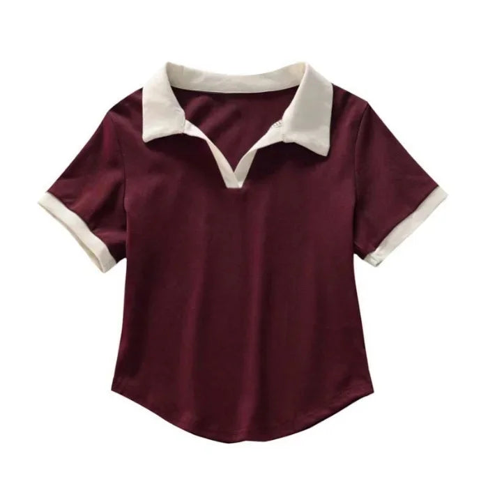 Summer Short Sleeve V-Neck Polo Shirt Women's Short Style Cotton Lycra Ribbed Top Bright Color Block 220g 40 Denier.