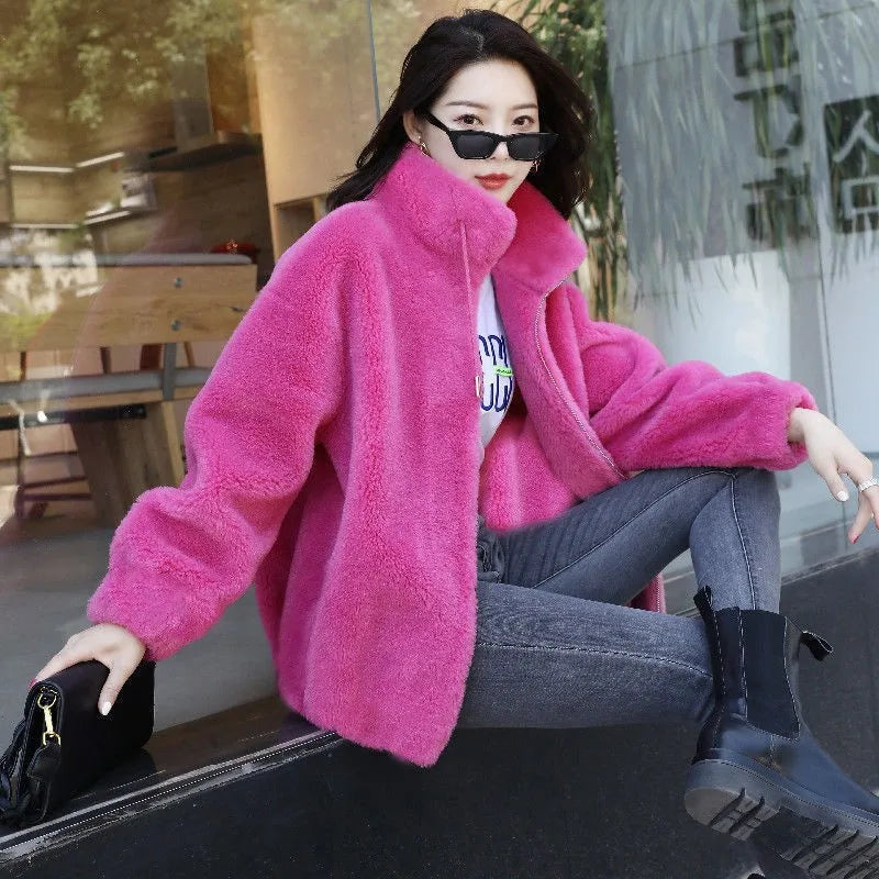 Frauen Winter Doppel Korallen Fleece Warme Mantel Stehkragen Plüsch Dicken Mantel Weibliche Mode Casual Langarm Zipper Kleidung