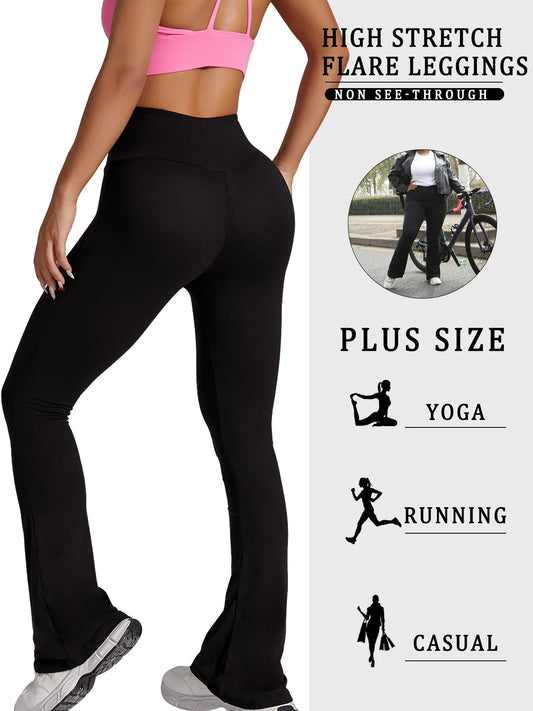 Plus Size Women's Super Soft High Waisted Flare Pants, Leggings Tummy Control Soft Bootleg Bell Bottoms Running.