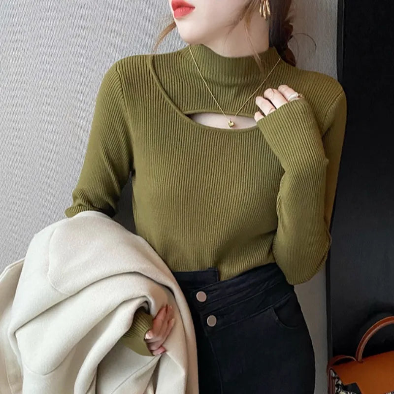 Herbst Winter Gestricktes Hemd Frauen Pullover Stricken Pullover Tops Mode Weibliche Lange Hülse Dünne Elastische Dünne Pullover Shirts