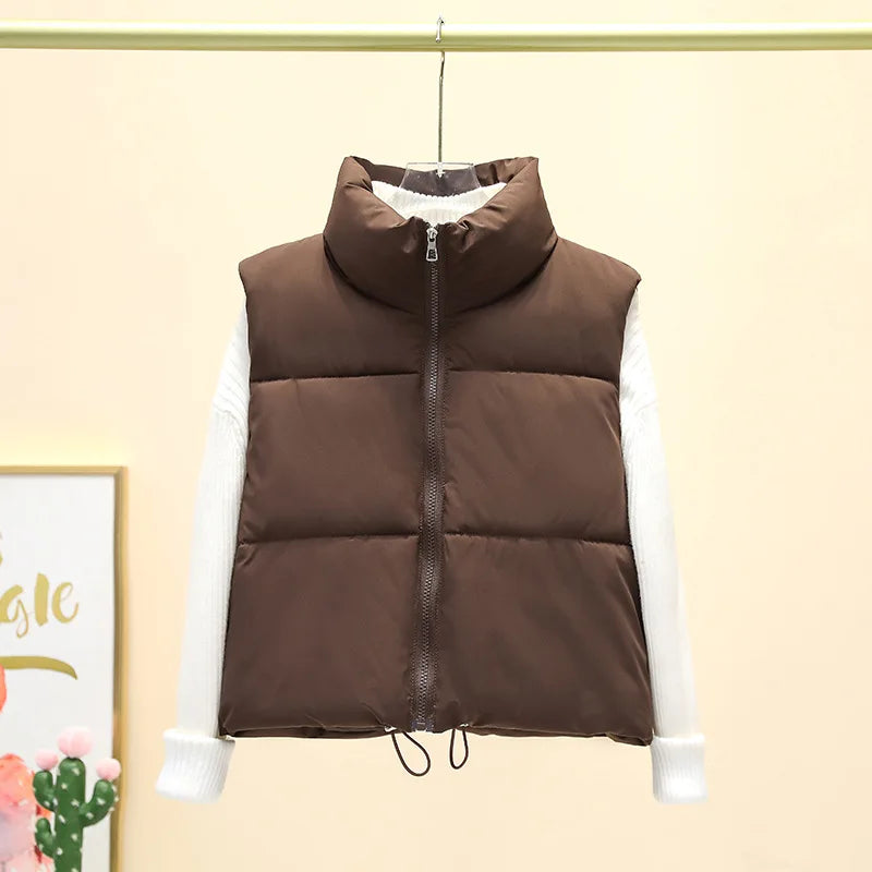 Herbst Winter Kurze Baumwolle Weste Elegante Solide Zipper Ärmel Stehkragen Warme Stepp Weste Mäntel Reise Jacke Im Freien