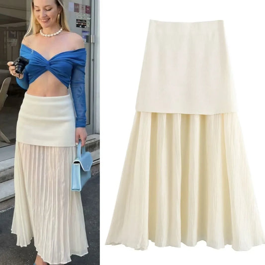 ETJ 2025 spring new women's elegant fashion same color splicing small pleated hem high waist knit skirt.