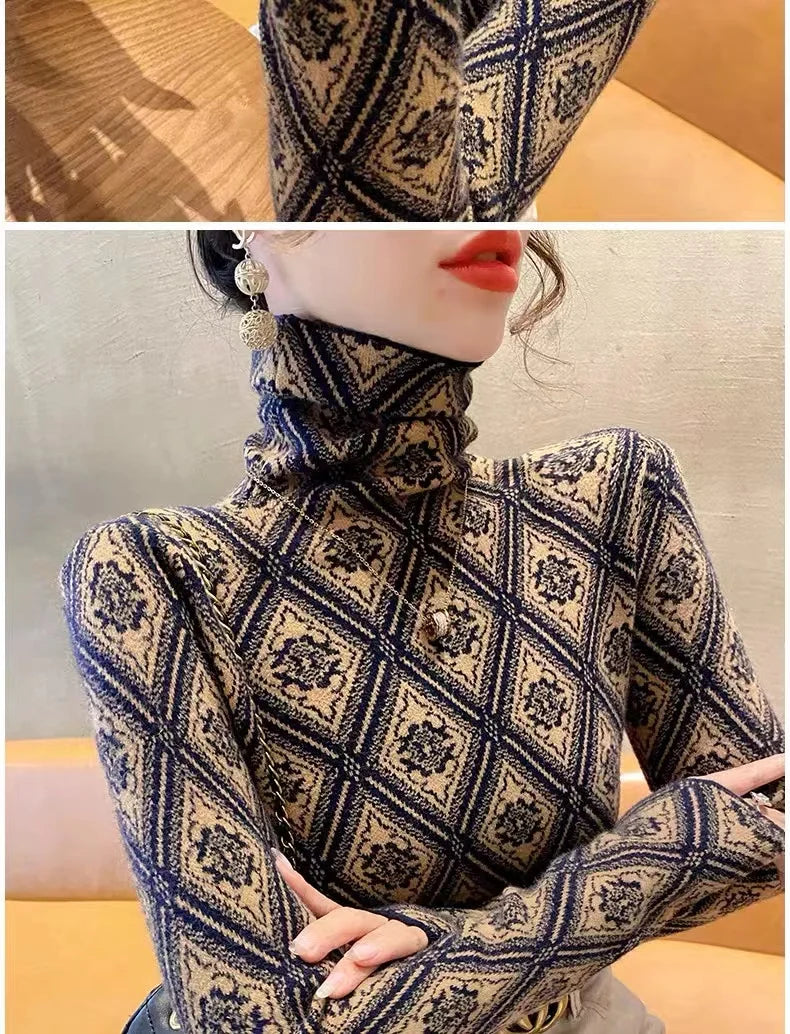 Frauen Kleidung Mode Rollkragen Argyle Stricken Pullover Herbst Winter Elegante Chic Schlanke Langarm Pullover Büro Dame Y2K Top