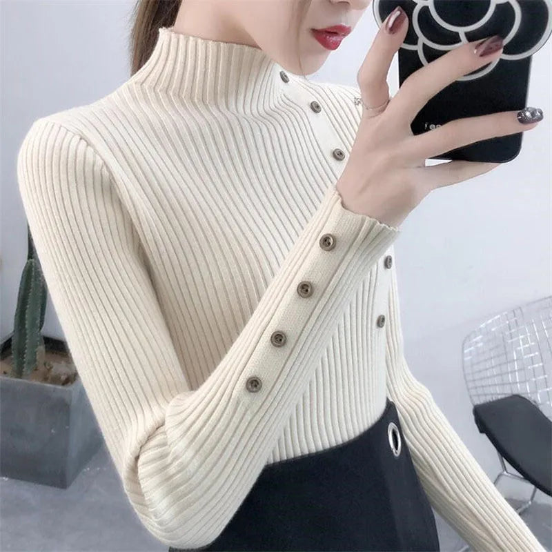 2023 frauen Herbst Gestrickte Dünne Pullover Solide Strickte Weibliche Baumwolle Weiche Elastische Farbe Pullover Taste Volle Hülse Rollkragen