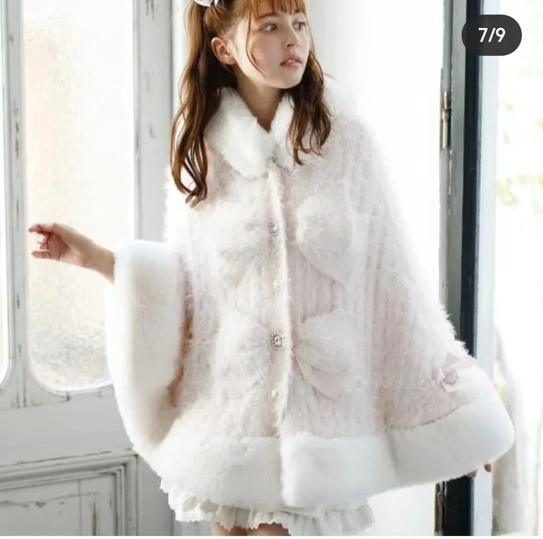 Japanische Liz Süße Prinzessin Faux Kaninchen Fell Cape Mantel Frauen Herbst Winter Pelz Jacke Lose Uhr Strass Bogen Mit Kapuze Mantel