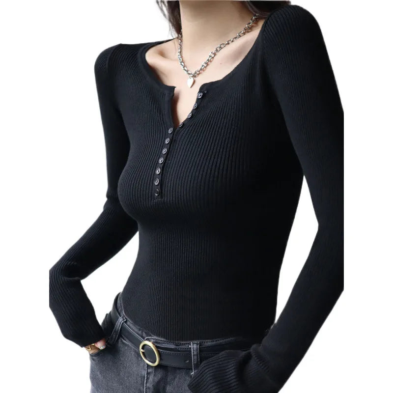 2026 weibliche Casual Tops Pullover Warme V-ausschnitt Frauen Herbst Winter Gestrickte Dünne Pullover Feste Taste Volle Hülse Pullover