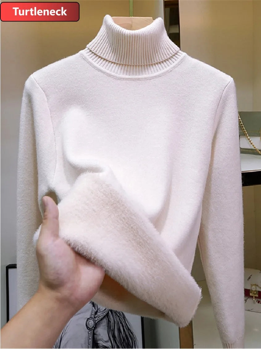 Pullover Für Frauen Winter Verdicken Rollkragen Schlank Stricken Pullover Neue Warme Plüsch Samt Gefüttert Strickwaren Jumper Tops Casual Poleras