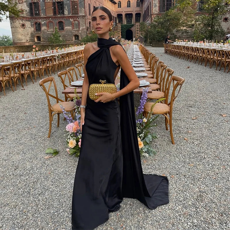 Band hängenden Hals lange Kleider schräg Schulter schnüren rücken frei seidig Satin Temperament Slim Fit Neck holder Frau Fischschwanz Kleid