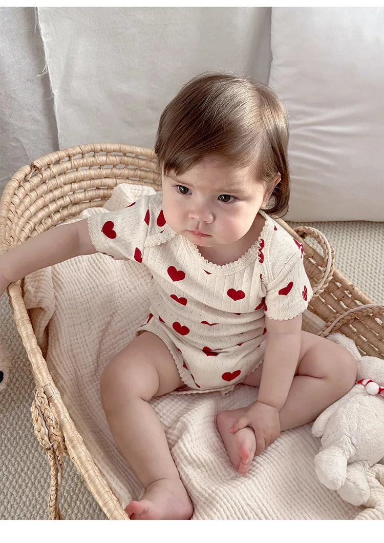 0-24M Baumwolle Baby Mädchen Strampler Herz Druck Nette Prinzessin Body Sommer Neugeborenen Kind Baby Kleidung Kurzarm outfit
